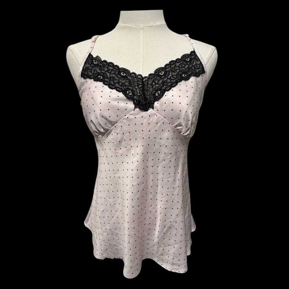 Cosmopolitan Babydoll Cami Top Pink Black Lace Racerback Satin Coquette Size L‎